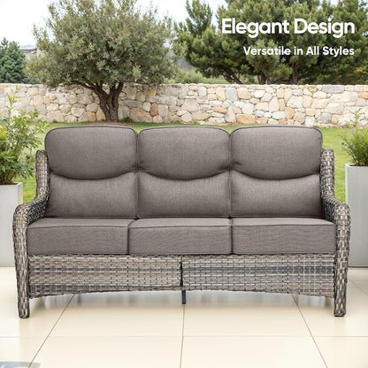 Luxury Patio Sofa 3-Seat Wicker Couch with 6" Thick Cushion - Outdoor Furniture Rattan Sofa with Deep Seating High Back for Patio Garden Balcony Sunroom Backyard, Grey | Grey