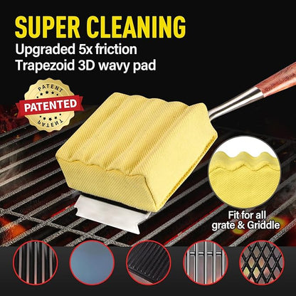 Bristle-Free Steam Cleaning Grill Brush — Features an Extended Luxurious Rosewood Handle and a Unique Wavy pad that Seamlessly fits cast Iron and Stainless Steel grates