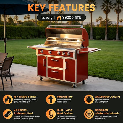 49" Red Stainless Steel Grill, 4 Burners & Infrared Burner, Natural Gas | 304 stainless steel 99,000 BTU Dual-lined hood Easy ignition Warming rack Storage drawers Gliding wheels