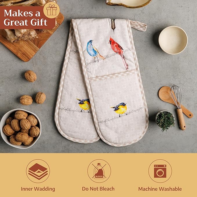 Maison d' Hermine Double Oven Mitts 100% Cotton 7"x35" Double Oven Mitt Heat Resistant BBQ Cooking Gloves with Loop Baking Grilling Kitchen Hotel Home Farmhouse Spring Summer (Birdies on Wire)