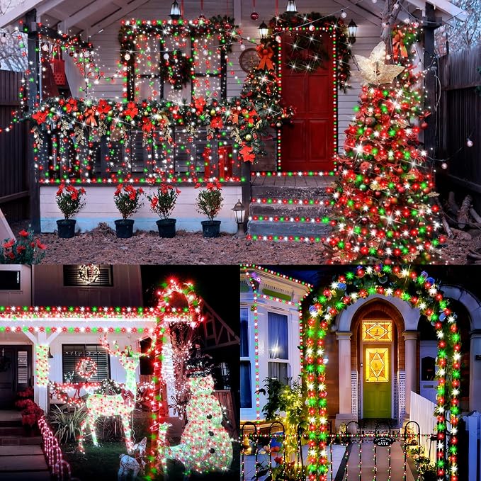 XURISEN 551FT 1400 LED Christmas Lights Outdoor Green Wire String Lights 8 Modes with Timer Memory Waterproof Fairy Lights Plug in for Xmas Tree Wedding Yard Party Holiday Decorations(Red+Green+White)