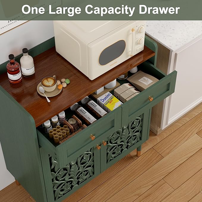 3More Sideboard Buffet Cabinet with Retro Carving Pattern,Kitchen Pantry Storage Cabinet with 1Drawer & 2 Doors，Coffee Bar for Living Room,Kitchen,Dining Room,Green