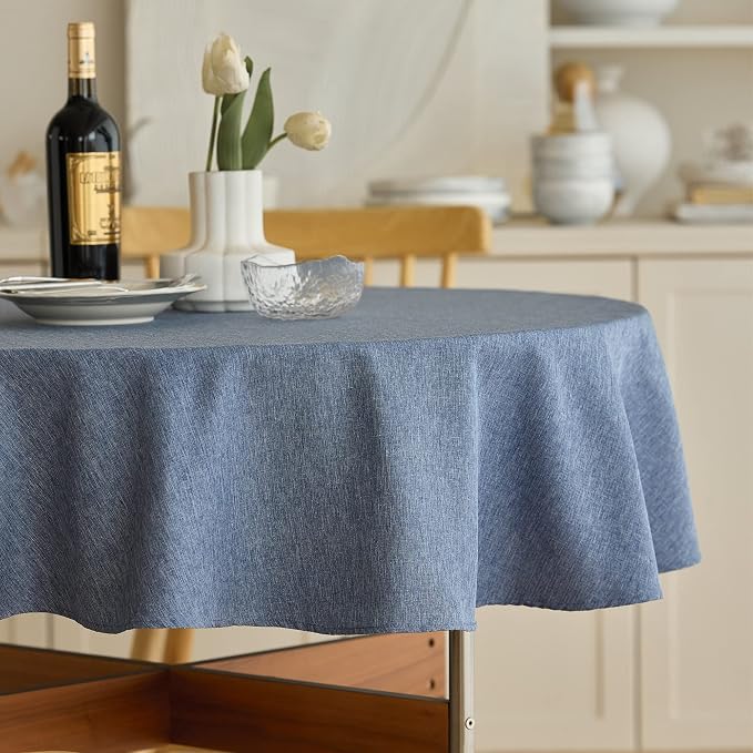 Decorelia Waterproof Round Tablecloth for Round Dining Table, Decorative Rustic Soft Wipeable Table Cloths Cover Indoor Outdoor Use for Holiday,Wedding, Kitchen (70 Inch,Round (4-6 Seats),Denim Blue)