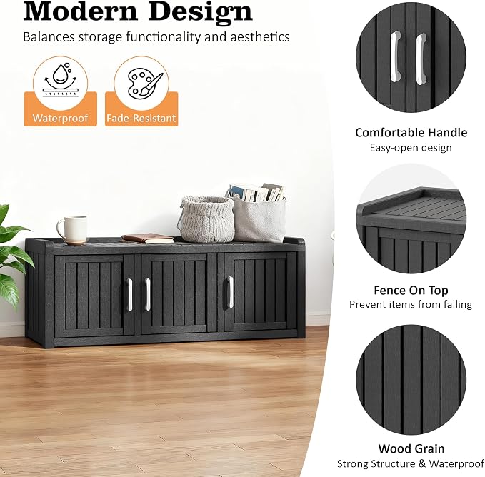NUNU LAB Resin Shoe Cabinet,Waterproof Shoe Storage Cabinet with Adjustable Shelves,Entryway Storage Bench with Seat,Shoe Bench with Doors for Foyer,Hallway,Living Room (Black, 3-Door)
