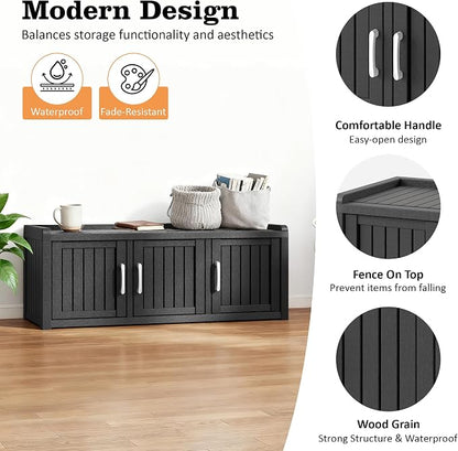 NUNU LAB Resin Shoe Cabinet,Waterproof Shoe Storage Cabinet with Adjustable Shelves,Entryway Storage Bench with Seat,Shoe Bench with Doors for Foyer,Hallway,Living Room (Black, 3-Door)