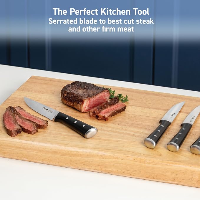 Tefal Ice Force Steak Knife Set, 4-Pack, Serrated Stainless Steel | Ice hardening technology, X50CrMoV15 steel, 26-degree cutting edge, Ergonomic finger guard handle, Hand wash only