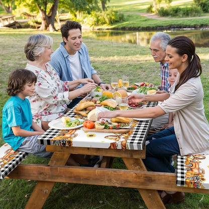 Fall Picnic Table Cover with Bench Covers, Camping Essentials, Buffalo Plaid Thanksgiving Pumpkin Waterproof Windproof, Fitted Tablecloth Cover with Elastic Edge, Indoor & Outdoor, 3 PCS, 30x96 Inch