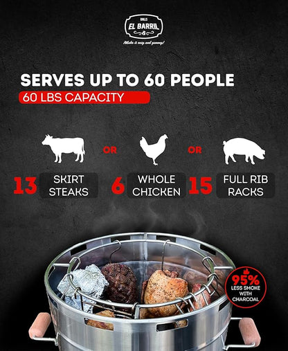 EL BARRIL 60LBS Lite Large Barrel Smoker Grill – Juicy, Even BBQ Every Time, 430 Stainless Steel, Vertical Charcoal Barrel Grill and Rust-Resistant Design, Perfect for Family, Parties & Outdoor