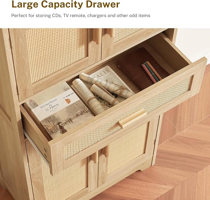 47.2" H Tall Storage Cabinet with Adjustable Shelf, Rattan Cabinet, Cupboard for Living Room, Dining Room, Entryway, Home Office, Natural