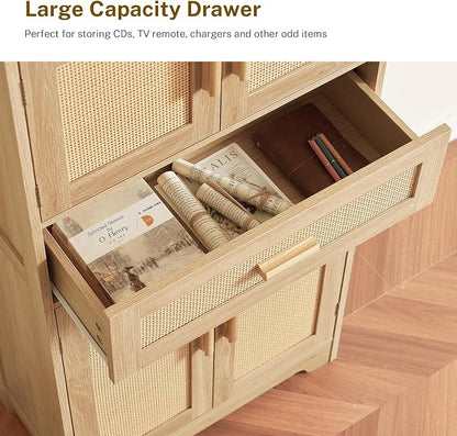 47.2" H Tall Storage Cabinet with Adjustable Shelf, Rattan Cabinet, Cupboard for Living Room, Dining Room, Entryway, Home Office, Natural