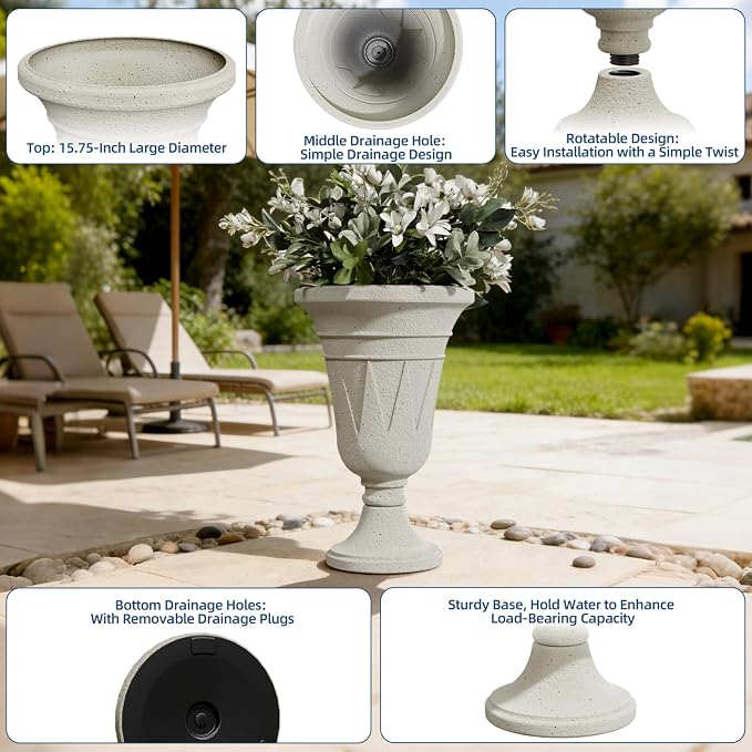 24" Tall Urn Planters for Outdoor Plants, Urns and Pedestal, Beige | Resin HDPE Weather-Resistant Material, Vintage Trophy Design Outdoor Planters with Drainage Holes, Flower Pot/Vase/Porch Door