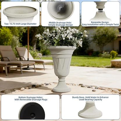 24" Tall Urn Planters for Outdoor Plants, Urns and Pedestal, Beige | Resin HDPE Weather-Resistant Material, Vintage Trophy Design Outdoor Planters with Drainage Holes, Flower Pot/Vase/Porch Door
