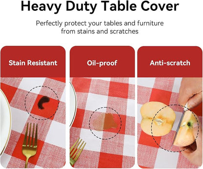 Romanstile Gingham Rectangle Plastic Tablecloth, 100% Waterproof Oil-Proof Checkered PVC Table Cloth, Heavy Duty Vinyl Table Cover for Dining, Camping, Picnic, Outdoor - 54 x 78 Inch, Red and White