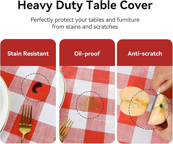 Romanstile Gingham Rectangle Plastic Tablecloth, 100% Waterproof Oil-Proof Checkered PVC Table Cloth, Heavy Duty Vinyl Table Cover for Dining, Camping, Picnic, Outdoor - 52 x 70 Inch, Red and White