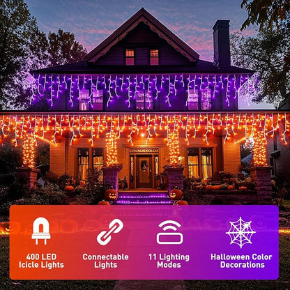 JMEXSUSS 400 LED Color Changing Halloween Lights Outdoor | 38.8ft Orange to Purple Halloween Icicle Lights with Remote, Waterproof String Light Plug in for Outdoor Indoor Party Decor
