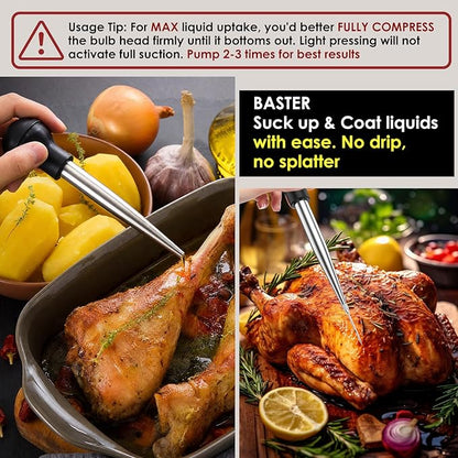 2 Pack Stainless Steel Turkey Baster Syringe for Cooking, Large Meat Injector with 4 Needles & 2 Brushes, Silicone Bulb Baster for BBQ Thanksgiving Kitchen, Dishwasher Safe