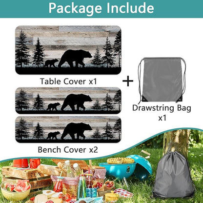 Picnic Table Cover with Bench Covers, Camping Essentials, Forest Bear Waterproof Windproof Patio Table Cover, Fitted Tablecloth Cover with Elastic Edge, for Indoor & Outdoor 3 PCS 30x72 Inch