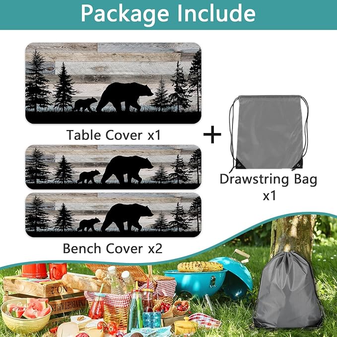 Picnic Table Cover with Bench Covers, Camping Essentials, Forest Bear Waterproof Windproof Patio Table Cover, Fitted Tablecloth Cover with Elastic Edge, for Indoor & Outdoor 3 PCS 30x60 Inch