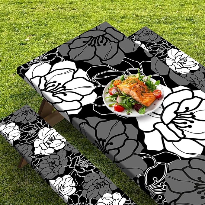 Picnic Table Cover with Bench Covers, Black Flowers, 3PCS, 72 Inch | Full Elastic Edge Waterproof Wipeable Camping Tablecloth RV Outdoor Patio Park Essentials With Drawstring Bag
