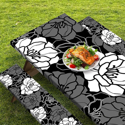 Picnic Table Cover with Bench Covers, Black Flowers, 3PCS, 72 Inch | Full Elastic Edge Waterproof Wipeable Camping Tablecloth RV Outdoor Patio Park Essentials With Drawstring Bag