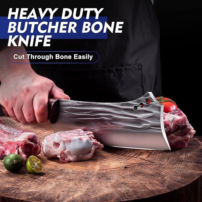 Topfeel 2PCS Meat Cleaver & Heavy Duty Bone Chopper Knife Set, Hand Forged German High Carbon Stainless Steel Butcher Knife for Home Kitchen & Outdoor
