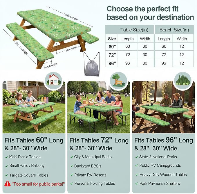 Picnic Table Cover Bench Covers Camping Essentials Tablecloth | Waterproof Vinyl for Outdoor, Windproof Elastic Fitted Edges, RV BBQ Accessories Must Haves, Storage Bag Included