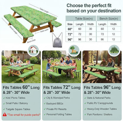 Picnic Table Cover Bench Covers Camping Essentials Tablecloth | Waterproof Vinyl for Outdoor, Windproof Elastic Fitted Edges, RV BBQ Accessories Must Haves, Storage Bag Included