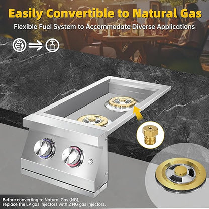 Double Side Burners for Outdoor Grill, Heavy-Duty 304 Stainless Steel, Built-in Side Burners with LED for Outdoor Kitchen BBQ Island, 2x17,000BTU Liquid Propane Side Burner Convertible to Natural Gas