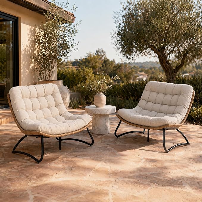 Outdoor Loveseat 2-Seat Wicker Rattan Boho Patio Sofa Beige 2PC | 53"x36"x30", 13" seat height. 4" thick cushions, 1000lb cap. All-weather PE rattan, rust-proof frame. Beige, 2PC.