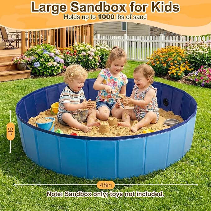 Aywewii 48'' Large Sandbox for Kids, Foldable Sand Box for Outdoor Indoor | No Tools Unfold & Play, Easy to Clean with Drain Cap, Portable Carry Bag, Sand Pit for Yard Patio Park Beach Camping, Gifts