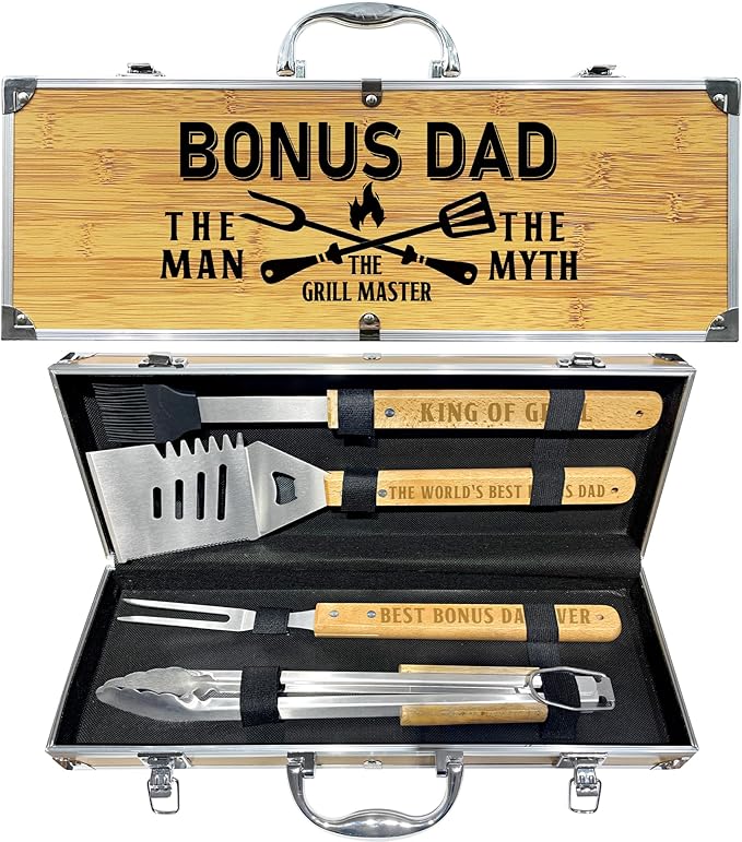 Bonus Dad Gifts from Bonus Daughter Fathers Day, Heavy Duty Wooden BBQ Grilling Accessories Kit for Backyard, Thick Stainless Steel Grill Utensils with Non-Slip Handle Tools in Portable Bag