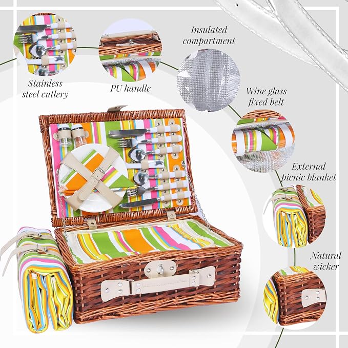 Wicker Picnic Basket Set for 4, Blanket, Cooler Bag, Rainbow Stripe | Four-Person Wicker Set Includes Tableware, Insulated Food Storage and Waterproof Blanket for Parks, Camping, Dates and Gifts