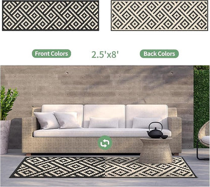 GENIMO Outdoor Rug, Waterproof Plastic Runner Rugs, 2.5'x8' Black Beige | Outside Modern Carpet Mat for Patio Decor, Porch, Deck, Balcony, Camping, RV, Picnic, Beach, Reversible, Foldable