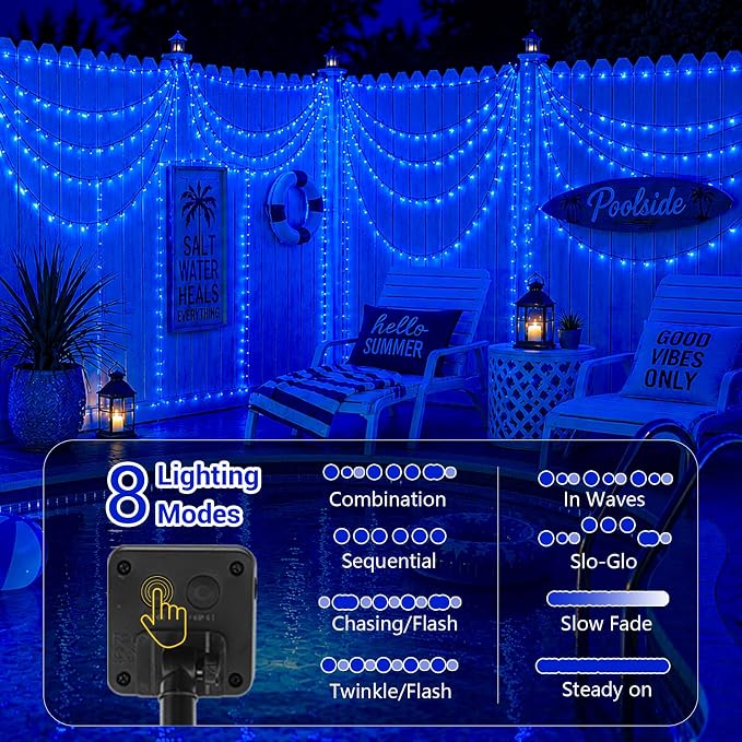 QITONG 2 Pack Blue Solar String Lights Outdoor Waterproof, Each 33ft 100 LED Christmas Light, 8 Modes Green Wire Blue Lights for Pool Garden Patio Yard Tree Party Wedding