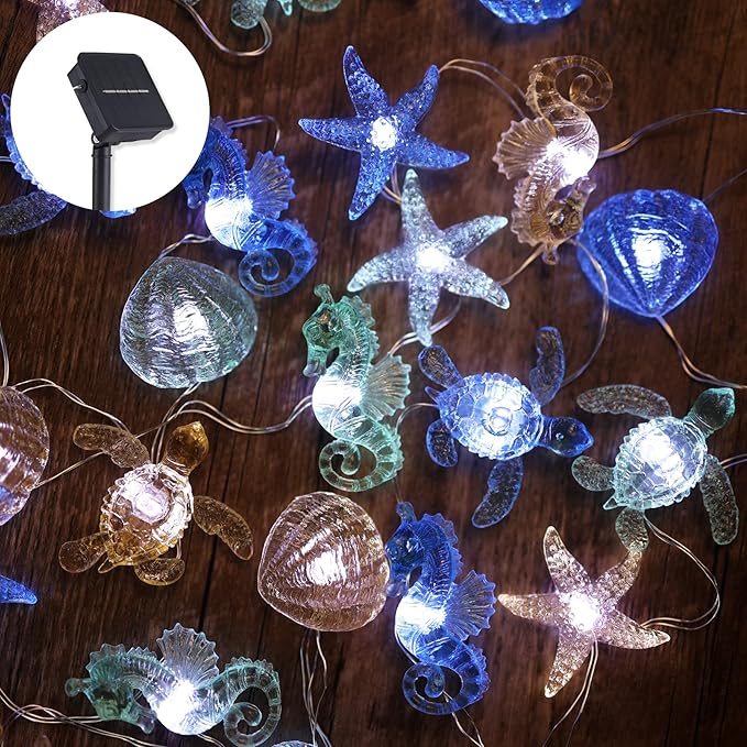 Bartlett Ocean Solar Lights Outdoor- 14ft 40LED Sea Life Décor Turtle Seahorse Shell Starfish-Waterproof Solar Fairy Lights for Outside Christmas Balcony Garden Yard Patio Fence Decoration