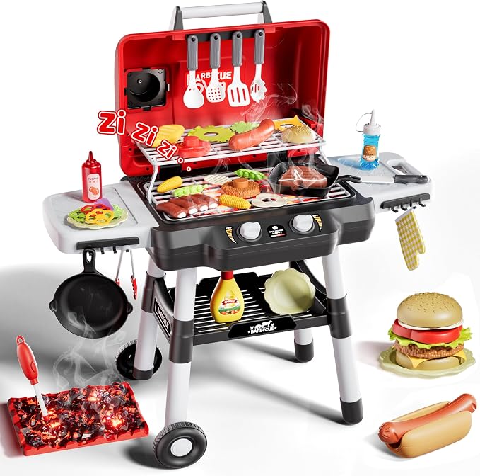2-Tier Kids BBQ Grill Playset, Toy Grill for Kids, Outdoor Play Food | For toddlers ages 3-5, includes 35 grill accessories, play food & utensils for outdoor pretend BBQ cookout playset fun