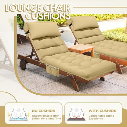 Outdoor Chaise Lounge Chair Cushion, Waterproof Outdoor Chair Cushions for Patio Furniture, 71 x 21 x 4 Inches Replacement Chaise Lounge Cushion with Ties (Khaki)