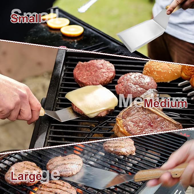 Stainless Steel Metal Spatula Set, 4 Pcs Teppaniyaki Griddle Accessories - Grill Burger Turner Long Pancake Flipper Griddle Scraper for Flat Top Cast Iron BBQ, Wooden Handle, Easy to Clean
