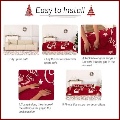 MYSKY HOME Christmas Couch Cover for Dogs, Washable Couch Covers, Non Slip Sofa Slipcover, Couch Cover 2 Cushion Sofa Dogs Furniture Protector, Chenille Sofa Covers for Pets, Kids, 71"x102", Red