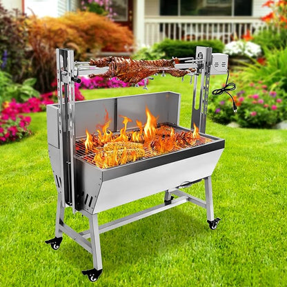 Rotisserie Grill Charcoal Spit Roaster, Stainless Steel 37" Pig Lamb Hooded Roaster Charcoal Spit With 25W Motor & Adjustable Height Lockable Casters For Party Barbecue,132 LBS With Baffle