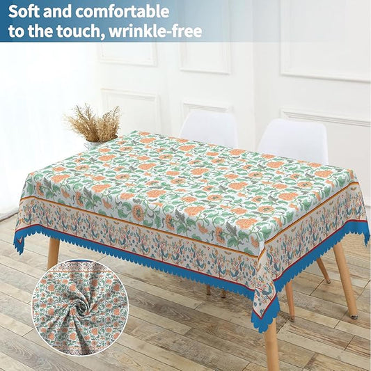 Boho Floral Rectangular Tablecloth 60"x84" - Blue Vintage Flower Waterproof Table Cloth for Dining, Kitchen, Outdoor BBQ and Picnic Party Decor