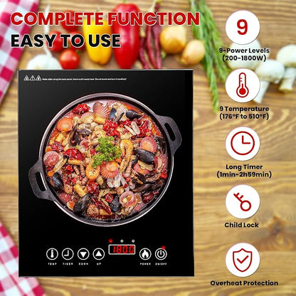 Portable Electric Cooktop, Single Burner Plug in Portable Induction Cooktop, Countertop Ceramic Stove Top with Power Levels and Overheat Protection, Child Safety Lock, Timer, 1800W 110V