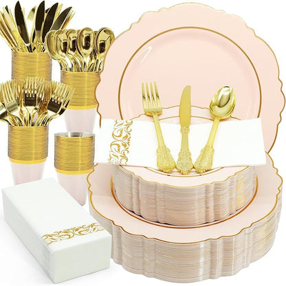 AIRE 350PCS Pink Gold Plastic Plates for Party, Dinnerware Sets for 50 Guests, Disposable Plastic Party Supplies Plates Cups Spoons Forks Knives Napkins for Wedding Birthday Baby Shower BBQ Parties