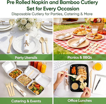 Napkin and Bamboo Cutlery Set, Compostable Utensils Disposable Cutlery for Party, Wedding, BBQ, Camping, Events-50 Pack (Forks, Knives, Spoons, Rolled Napkins)