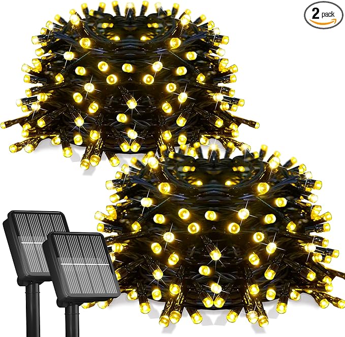 Flechllary 2 Pack-Solar String Lights, 78Ft 200 LED Solar Lights Outdoor with 8 Modes ，Solar String Lights Outdoor Waterproof for Yard, Fence,Balcony, Party,Christmas Tree Decorations (Warm White)