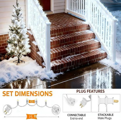 50 Counts Cool White LED Christmas Lights, 25ft Commercial Grade Outdoor String Lights - Waterproof UL Certified White Wire with 5mm Wide Angle Bulbs for Christmas Tree, Indoor & Outdoor Decor