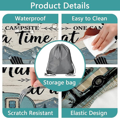 Picnic Table Cover with Bench Covers and Bag, Rustic Farmhouse Camper & Mountain Wood Print Waterproof Fitted Camping Tablecloths with Elastic Edges for Indoor, Outdoor & Garden, 3 Pcs Set 30x72 Inch