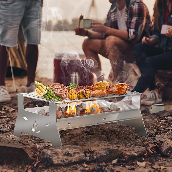Onlyfire Portable Charcoal Grill, Heavy Duty Stainless Steel | Foldable Barbecue Grill, Carry Bag and BBQ Tong, For Patio Backyard, Outdoor Camping, Picnic and Hikin
