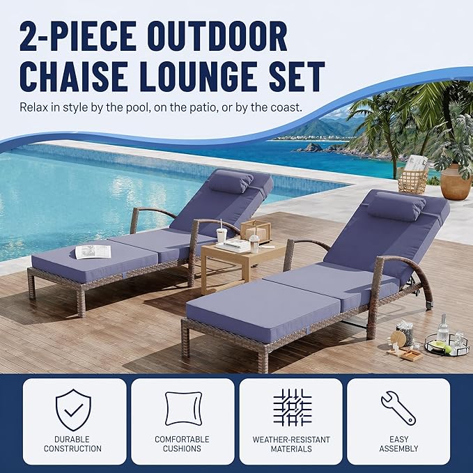 Garvee Outdoor Chaise Lounge Chairs Set of 2, PE Rattan Wicker Patio Lounge Chairs with 5-Position Adjustable Backrest, 3.5" Cushions & Wheels, 380 lbs Capacity Heavy Duty Pool Lounge Chair,Blue