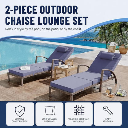 Garvee Outdoor Chaise Lounge Chairs Set of 2, PE Rattan Wicker Patio Lounge Chairs with 5-Position Adjustable Backrest, 3.5" Cushions & Wheels, 380 lbs Capacity Heavy Duty Pool Lounge Chair,Blue